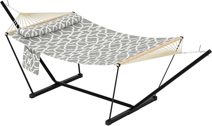 Double Hammock with Stand - Heavy Duty Portable 2 Person Design with Adjustable Steel Stand, Max 450LBS, Ideal for Outdoor Patio, Garden, Beach & Backyard