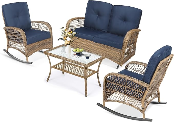 MEETWARM 4 Piece Outdoor Wicker Patio Set w/Glider Loveseat, 2 Chairs & Glass-Top Coffee Table, Thickened Cushions, Navy Blue