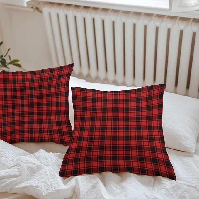 Red Black Plaid Waterproof Outdoor Pillow Covers Set of 2 Home Decor Vintage Farmhouse Abstract Buffalo Check Pillowcase Patio Pillow Covers for Couch Bench Furniture Garden 20x20in