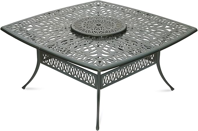 VIVIJASON Outdoor 64" Patio Dining Table for 8 Person, Large Square Dining Table with 24" Lazy Susan, Dark Bronze Cast Aluminum Rustic Patio Table W/Umbrella Hole for Balcony, Porch and Deck