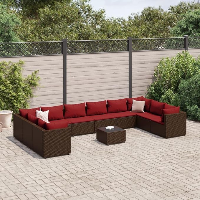 Patio Furniture Sets,Outdoor loveseat,Patio Conversation Sets,11 Piece Patio Lounge Set with Cushions Brown Poly RattanSuitable for Patio, Garden, Gazebo Low