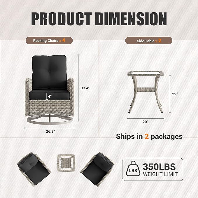 6-Piece Patio Rocking Swivel Chair Outdoor Wicker Rattan Bistro Set with Tempered Glass Side Table, Outdoor Patio Furniture Set for Garden, Deck, and Balcony, Dark Grey