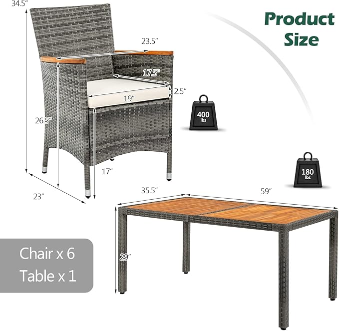 Tangkula 7 Pieces Outdoor Dining Furniture Set, Patio Rattan Conversation Set with Spacious Acacia Wood Table, 6 Chairs with Widened Armrests, Non-slip Foot Pads, Suitable for Backyard Poolside (Grey)