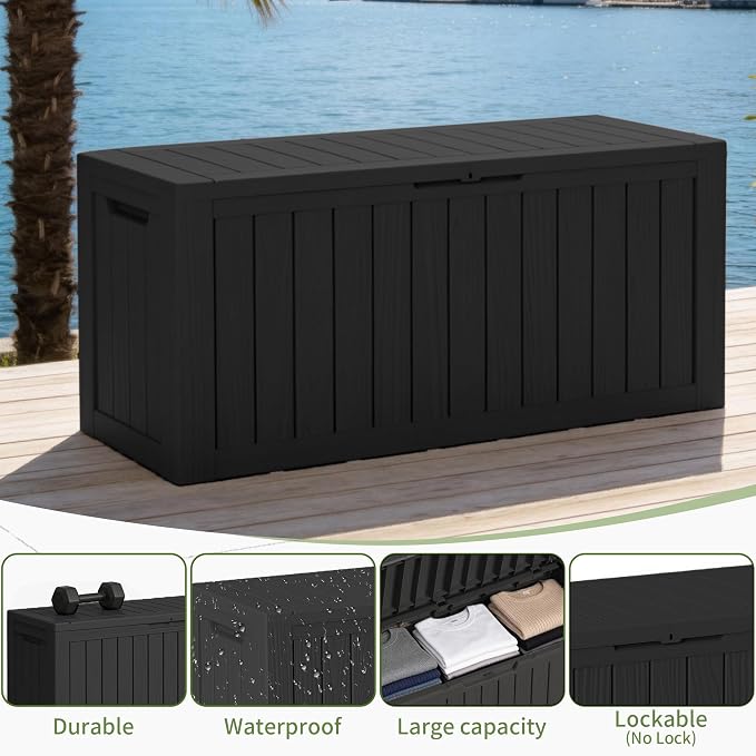 85 Gallon Outdoor Storage Box Waterproof, Large Deck Box Durable Resin Storage Bin with Lid for Patio Furniture Cushions Garden Tools (Black, 85 Gallon)