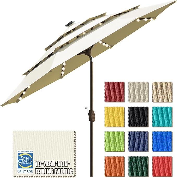EliteShade USA 10-Year-Non-Fading 9ft 3-Tier Market Patio Umbrella, Commercial Table Umbrella with 80 Solar LED Lights, Crank Open, Windproof & UPF 50+ UV Protection for Garden, Deck, Pool, Backyard, Natural