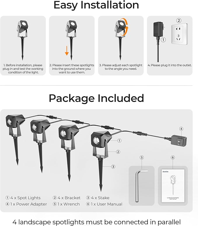 DeckTok Outdoor Landscape Lighting, 4 Pack Outdoor Spotlights, LED Low Voltage Landscape Lights for House Yard Garden Lawn Tree Fence Plant Flags Pathway, 12V 2700K Warm White, IP65 Waterproof
