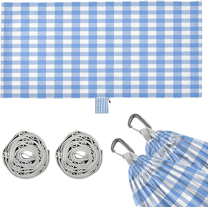 Qilmy Blue and White Plaid Pattern Camping Hammock Single – 330 lbs Capacity, Lightweight with Tree Straps & Carabiners, Portable for Hiking, Travel, Backpacking