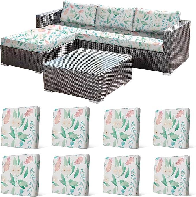 CALBODE 8Pcs Stretch Patio Cushion Cover, Fresh Botanical Printed Couch & Sofa Slipcovers for Patio Furniture Cushions Washable Reusable Couch Covers Replacement for Spring Summer (Cover Only)