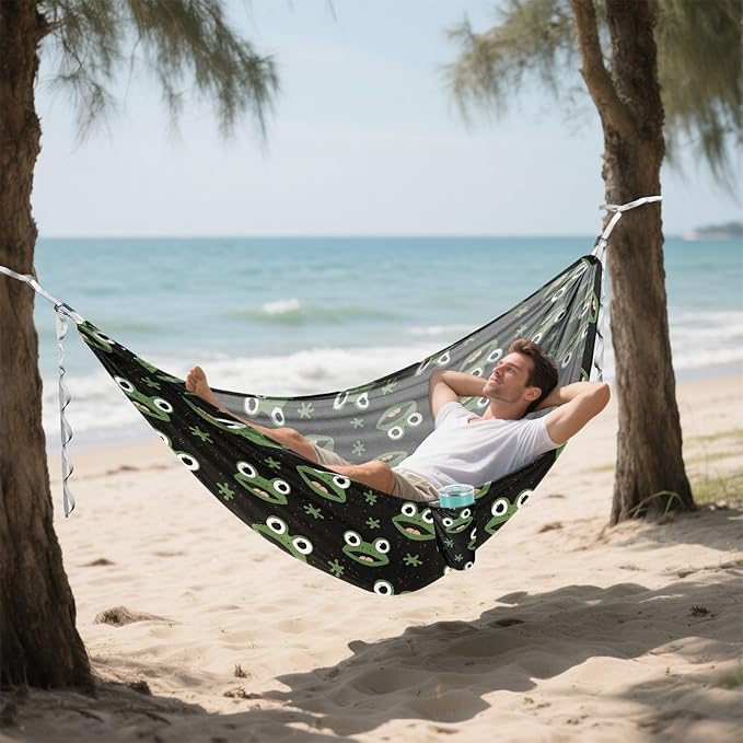 Camping Hammock Outdoor Hammocks for Outside Cute Frog Black Beach Trees Portable Lightweight with Pockets Tree Straps Indoor Small