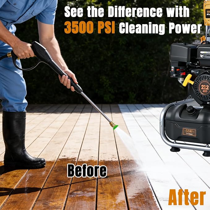 3500PSI Gas Pressure Washer, 212CC / 2.3GPM / 7HP / 4-Stroke Gas Power Washer with 4 Quick Connect Nozzles, 25FT Hose, Soap Tank, Gas Powered Pressure Washers for Driveways Decks Cars Paint Prep