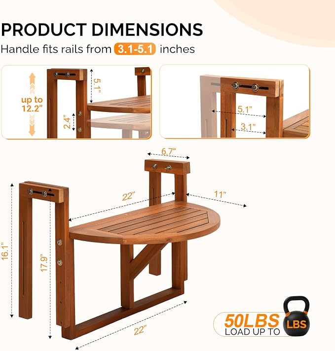 VINGLI 22in Acacia Wood Folding Balcony Hanging Table – Adjustable Height & Width, Balcony Railing Table Ideal for Different Railing Widths,Perfect for Balcony,Patio,Semicircular,Natural Wood Color