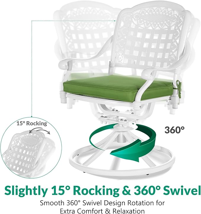 VIVIJASON 7-Piece Outdoor Furniture Dining Set, All-Weather Cast Aluminum Patio Conversation Set, Include 6 Swivel Dining Chairs and a Rectangle Table with Umbrella Hole, White/Green Cushion