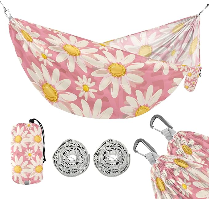 Portable Single Hammock Pink Pattern White Daisy Garden Yard Outdoor Hammocks