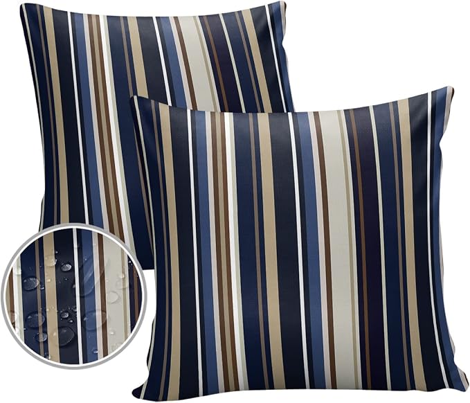 Outdoor Waterproof Pillow Covers for Patio Simple Stripe Decorative Throw Pillow Cover Blue And Brown Geometric Pattern Pillowcases Set of 2 Cushion Case for Sofa Couch Chair Home Decor 26x26 inch