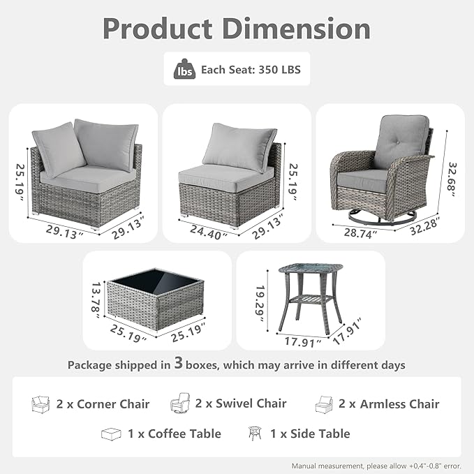 Wicker Patio Furniture Set, 8 Pieces Outdoor Sectional Sets with 6 Seats, Rattan Conversation Set with Swivel Chairs for Garden and Backyard, l Shape Couch Set