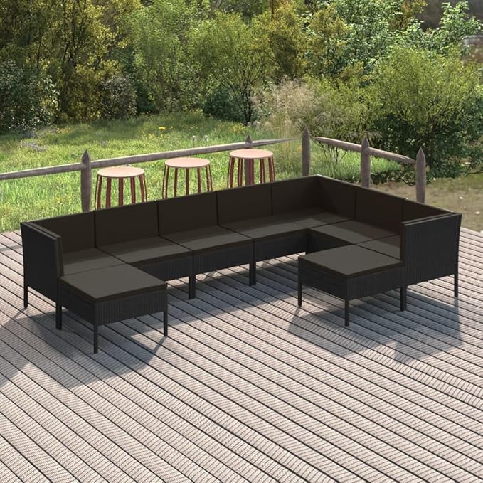 9 Piece Patio Lounge Set with Cushions,Patio Sofa,Outdoor Daybed,Outdoor Furniture Sets,Patio Seating,Patio Conversation Sets,Modern Set,Patio Furniture Set,Front Porch Furniture, Poly Rattan Black