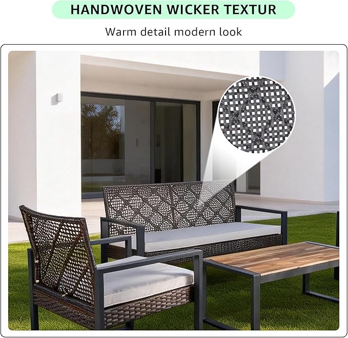 Outdoor Patio Furniture Set, 4 Piece Rattan Wicker Sectional with Loveseat Couch Sofa, Coffee Table and Chairs, Conversation Seating for Balcony, Porch, Deck, Backyard, Muebles de Exterior