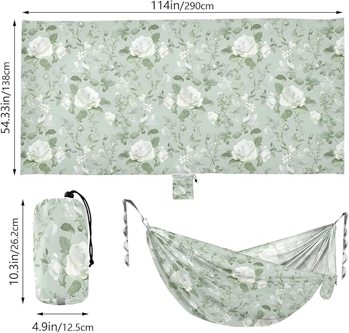 Camping Hammock Outdoor Hammocks for Outside White Rose Flower Light Green Beach Trees Portable Lightweight with Pockets Tree Straps Indoor