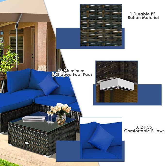 COSTWAY 5-Piece Outdoor Patio Furniture Set, Glass Top Coffee Table and Lounge Sofa with Cushions, PE Rattan Conversation Set for Garden, Deck, Backyard (Navy)