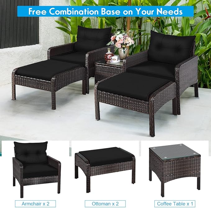 Tangkula 5 Pieces Wicker Patio Furniture Set, PE Rattan Outdoor All Weather Cushioned Sofas and Ottoman Set, 2-Person Outside Conversation Set for Lawn, Poolside, Yard, Balcony, Deck, Black
