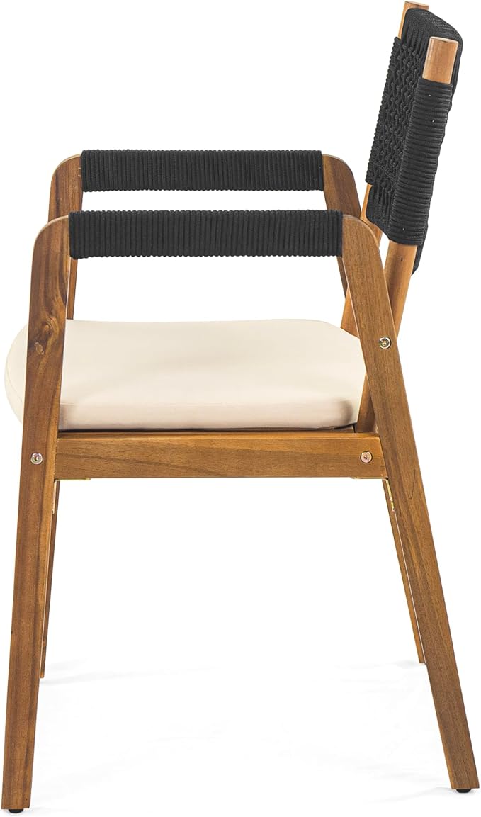 Christopher Knight Home Terri Acacia Wood Patio Dining Set for 6, Solid Wood Outdoor Dining Table Set for 6, 7 Piece Outdoor Dining Set with Rectangular Table and Woven Rope Accents, Teak+Beige+Black