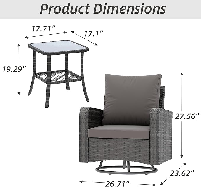HOMREST 3 Piece Swivel Patio Chairs Wicker Set - All Weather Outdoor Patio Bistro Set with Side Table, Small Patio Furniture Set for Balcony Porch Deck Backyard, Grey