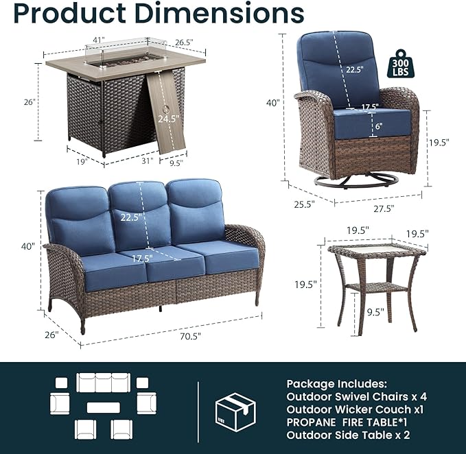 High Back Luxury Patio Furniture Set with 41"Fire Pit Table, 6-Inch Cushion Swivel Rocker Patio Chairs Set of 4 with Outdoor Couch, 8 Piece Wicker Conversation Set for Deck Yard Garden Balcony