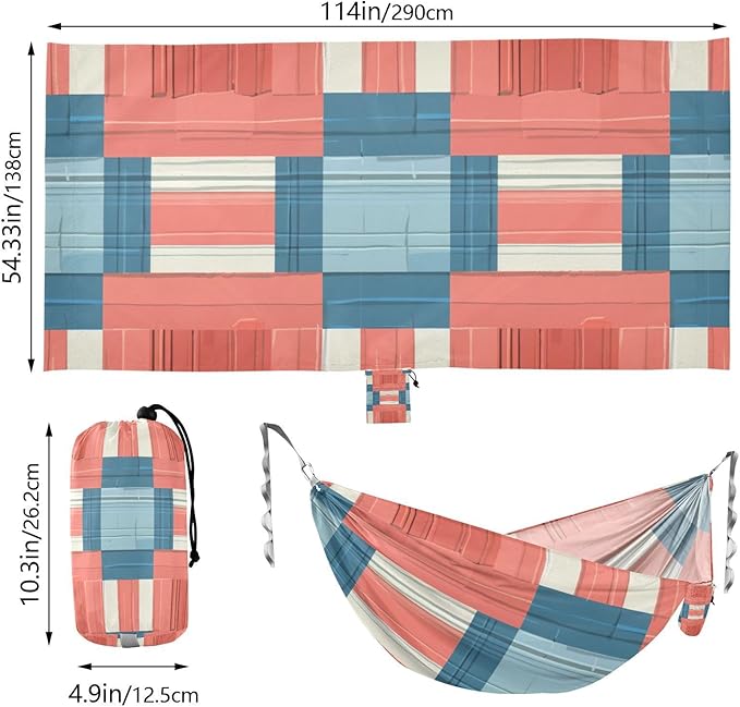 Light Red and Blue Checkered Pattern 330lb Capacity Camping Hammock with Portabl Carry Bag Tree Hammock for Outside Patio Backyard Poolside Silla hamacas para adultos