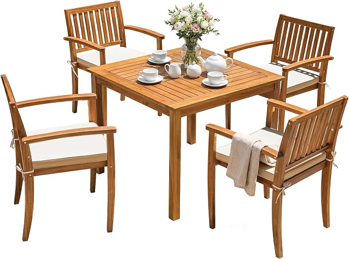 Devoko 5 Pieces Patio Table and Chairs Set Acacia Wood Outdoor Furniture | Patio Dining Set with Comfy Cushions for 4, Outdoor Dining Table and Chairs for Lawn, Garden, Backyard, Deck, Natural Wood