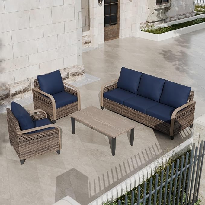 COOS BAY Modern Wicker Outdoor Furniture Set, 4 Piece Patio Conversation Set with 2 Patio Chairs, a 3 Seat Couch and Side Table, 4 Piece, Brown/Blue