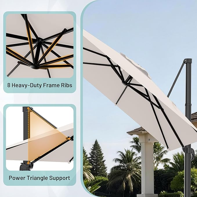 AreShark 8 × 8FT Square Cantilever Patio Umbrella with Base Included, 360° Rotation Offset Outdoor Umbrella, 5 Tilt Settings Heavy Duty Hanging Parasol for Deck Garden Pool, Cream White