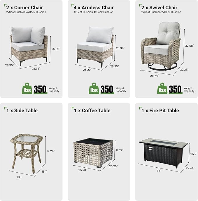 11 Pcs Patio Furniture with Fire Pit Table, Outdoor Rattan Wicker Conversation Set with Glowing Coffee Table, Comfy Sectional Sofa for Porch Balcony Backyard Pool, Light Grey