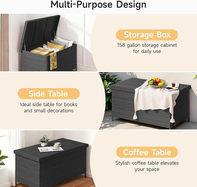 ONBRILL 158 Gallon XL Deck Box with Lid, All Weather Wicker Outdoor Storage Box Waterproof, Large Outdoor Patio Storage Bin for Cushions, Garden Tools, Gears, Black