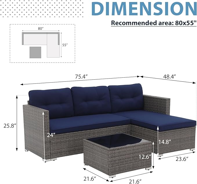 JOIVI Outdoor Patio Furniture Set, Wicker Conversation Set with Tempered Glass Coffee Table, All-Weather Rattan Furniture Small Sectional Sofa Set, L-Shaped Outdoor Seating with Cushions, Navy Blue