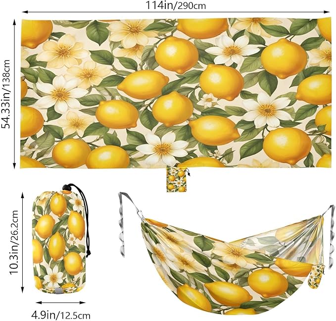 Hammocks for Outside Lemon Print Flower Camping Hammock Portable Hammocks with Tree Straps and Carry Bag Camping Accessories for Hiking Beach Outdoor