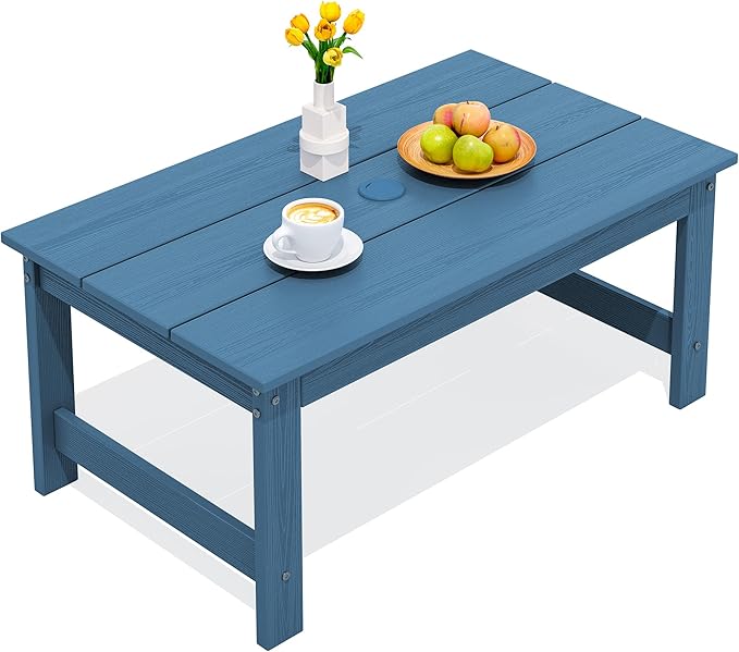 SERWALL HDPE Patio Coffee Table, Rectangle Outdoor Coffee Table, All-Weather Coffee Side Table for Balcony, Poolside, Deck, Garden, Blue