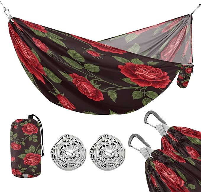 Hammocks for Outside Rose Flower Camping Hammock Portable Hammocks with Tree Straps and Carry Bag Camping Accessories for Hiking Beach Outdoor