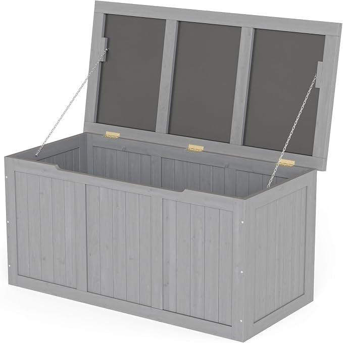 67 Gallon Outdoor Wooden Deck Box Solid Wood Storage Box Seat Table Top for Patio Furniture Cushions, Pool Toys Garden Tools