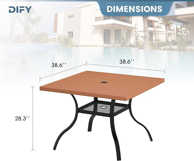 DIFY Outdoor Patio Dining Table for 4, 38.6" Square Patio Table with All-Weather Faux Wood Tabletop and Metal Steel Frame, Outside Table for Garden Porch Backyard, Walnut