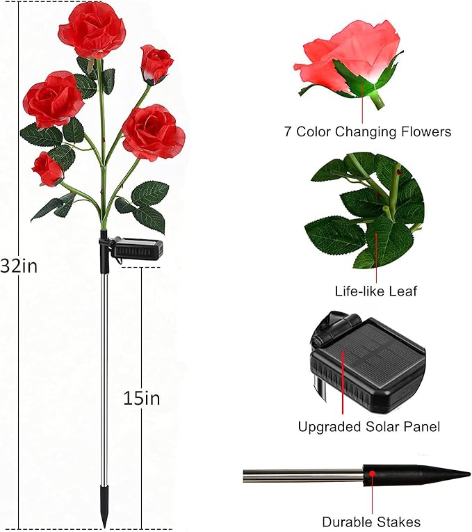 ANGMLN 2 Pack Solar Garden Lights Valentine's Day Decoration, Solar Flower Lights Outdoor Waterproof with 10 Head Red Rose 7-Color Changing Landscape Light for Pathway Garden Patio Yard