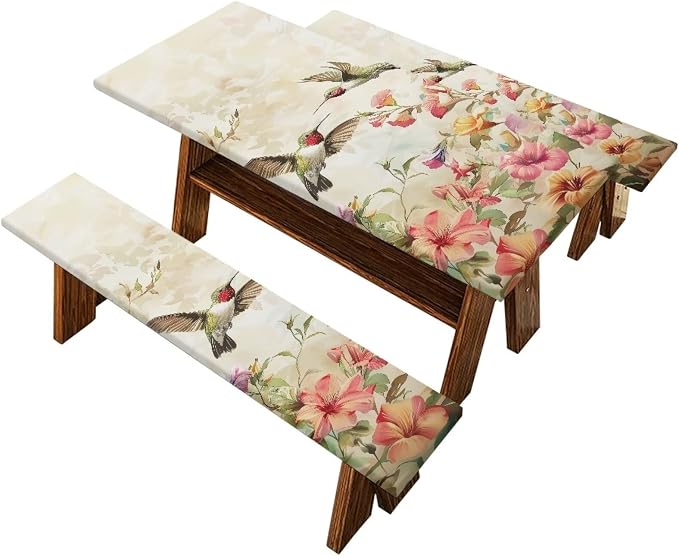Hummingbird Picnic Table Cover with Bench Covers Elastic Fitted Water Resistant Windproof Tablecloth with Storage Bag - 72x30 Inches 3Pcs Set Patio Table Cover for Outdoor Camping Garden
