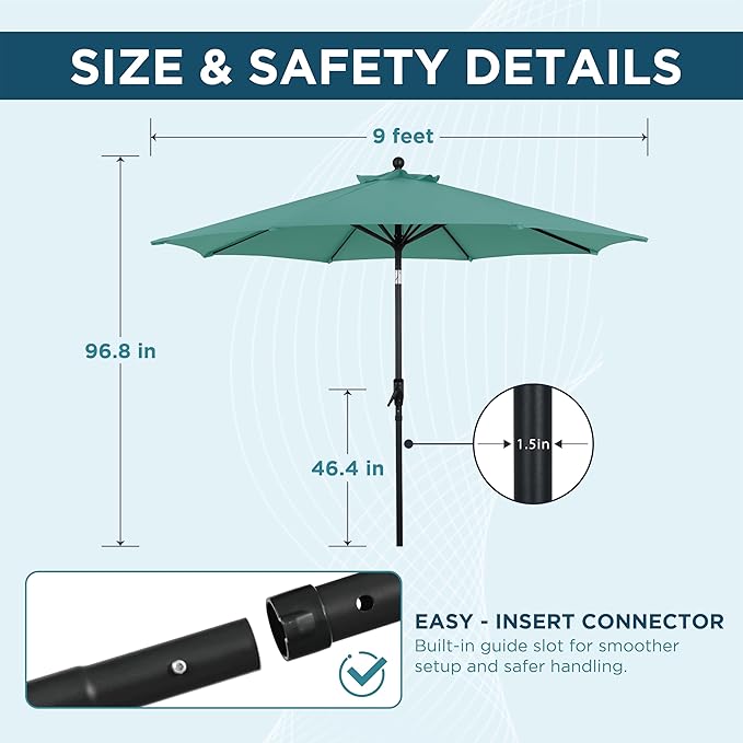 9FT Outdoor Patio Umbrella with Crank Lift & Auto Tilt - Market Umbrella, 8 Heavy-Duty Ribs, UV Resistant & Water-Repellent for Garden, Deck, Poolside & Backyard