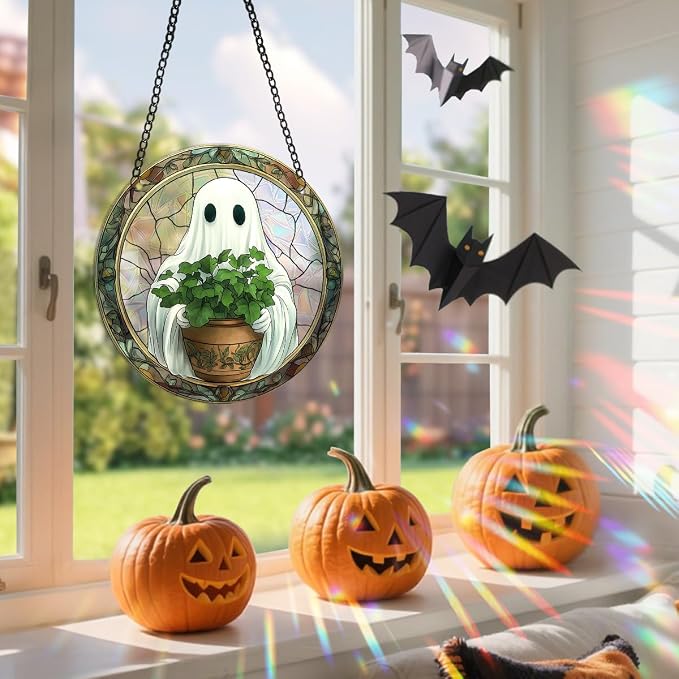 Acrylic Halloween Sun Catcher - 7.87 Inch Round Suncatcher for Window Hanging Decoration - Creates Indoor Rainbows Light Refraction - Spooky Ghost, Witch, Pumpkin Design