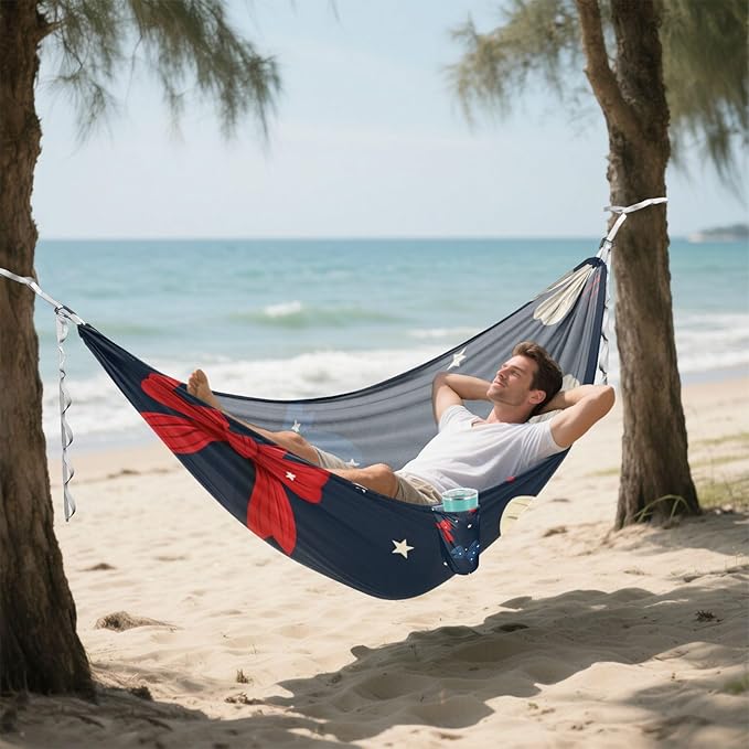 4th of July Independence Day Red and Blue Bow 330lb Capacity Outdoor Hammocks Fabric Hammock for Outside Patio Garden hamaca para Patio Exterior