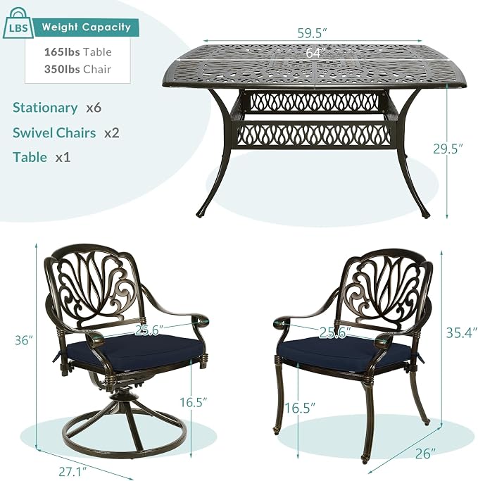 MEETWARM 9-Piece Outdoor Patio Dining Set for 8, All Weather Cast Aluminum Patio Funiture Table and Chairs Set- 64" Square Table and 2 Swivel Rocker Chairs, 6 Stationary, Umbrella Hole, Navy Blue