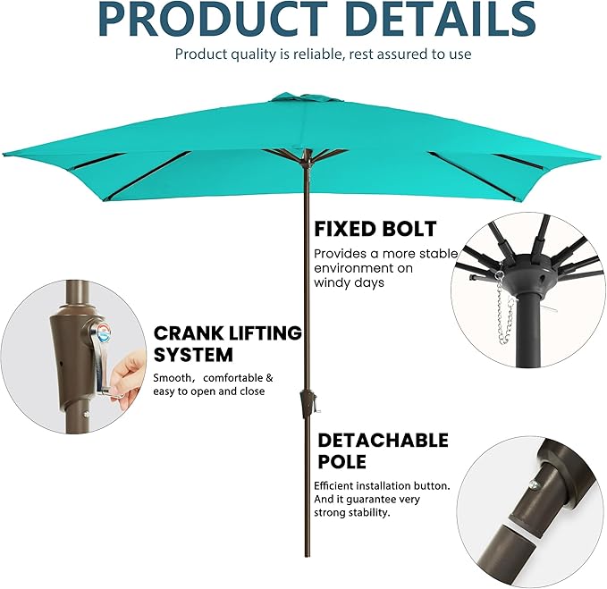 8x10FT Rectangular Patio Umbrella with Crank Lift for Garden,UV Protection Outdoor Umbrella for Deck,Pool and Yard,Turquoise