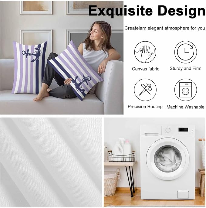Lumbar Pillow Covers 20x12 Inch Set of 2, Anchor Purple Waterproof Outdoor Cushion Covers, Modern Navy Blue White Striped Nautical Decorative Pillowcases for Couch, Sofa, Bed, Garden, Patio