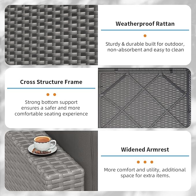 Oakcloud 8-Piece Outdoor Patio Furniture Sofa Set with 45” Propane Gas Fire Pit Table, Grey Rattan Wicker Sectional Conversation Sets with Glass Top Tables and Cushions(Haze Blue, w/Fire Pit Table)