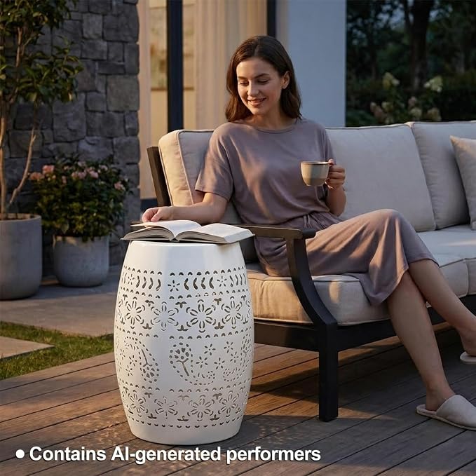 12" Outdoor Solar Side Table, Metal Cutout Drum Side Table, Coffee End Tables, Patio Garden Stool for Small Spaces, Living Room, Backyard, Poolside (1, White + Solar)