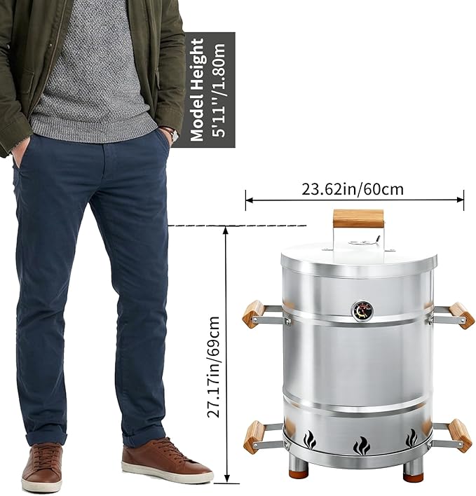 Charcoal Barrel Smoker Grill Combo, 100% Premium 304 Stainless Steel | 95% Less Smoke & Even Heat, Easy Clean Outdoor BBQ Cooker for Backyard & Balcony (Medium, 25 LBS Capacity)